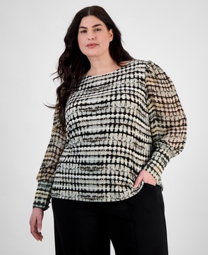 Plus Size Printed Chiffon Sheer-Sleeve Top