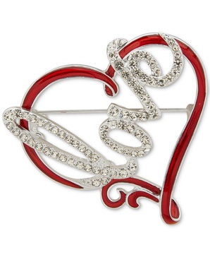 Silver-Tone Pavé Love Script Red Heart Pin