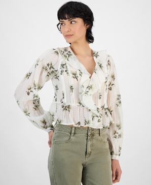 Women's Floral-Print Ruffled Crinkle Top, Exclusively at Macy's