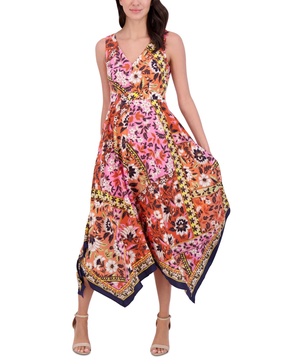 Women's V-Neck Handkerchief-Hem Midi Dress
