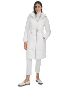Women's Diamond Quilted Side Belted Hooded Puffer Coat