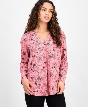 Petite Printed V-Neck Roll-Tab-Sleeve Top