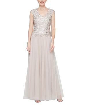 Women's Embroidered Cap-Sleeve Tulle Gown
