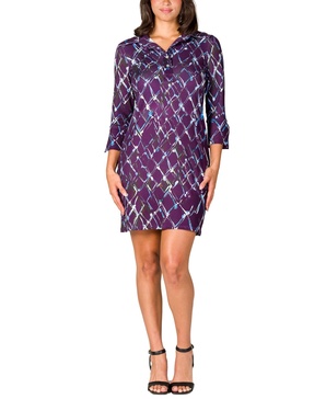 Women's Purple Print Three Quarter Sleeve Mini Dress