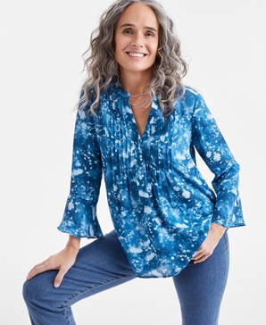 Petite Pintuck Long-Sleeve Top, Exclusively at Macy's 