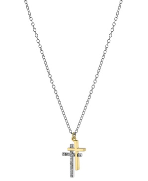 Cubic Zirconia Double Cross Pendant Necklace in Sterling Silver & Gold-Plate, 16" + 2" extender, Created for Macy's