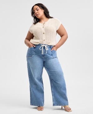 Trendy Plus Size Tie-Waist Wide-Leg Jeans, Exclusively at Macy's 