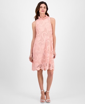 Women's Ruffle-Neck Sleeveless Shift Lace Dress