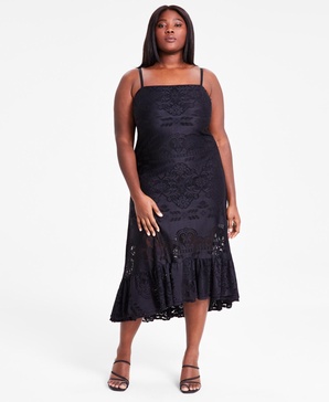 Trendy Plus Size Sleeveless Ruffle-Hem Lace Dress, Exclusively at Macy's 