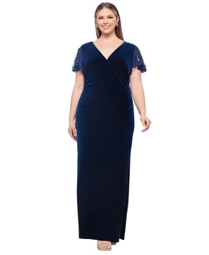 Plus Size Embellished Flutter-Sleeve Velvet Gown