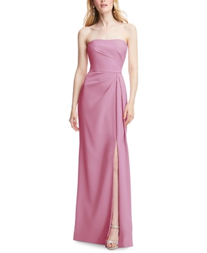 Women's Strapless Pleated Faux Wrap Trumpet Gown with Front Slit