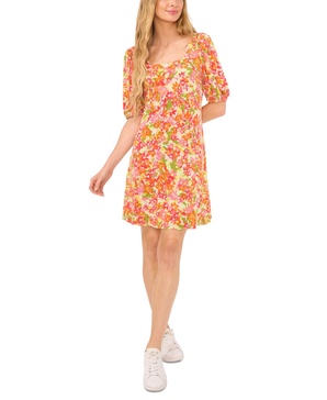 Women's Printed Square Neck Puff Sleeve Knit Dress