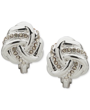 Silver-Tone Crystal Twisted Knot Button Clip Earrings