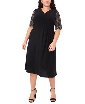 Plus Size Sheer-Sleeve Fit & Flare Dress