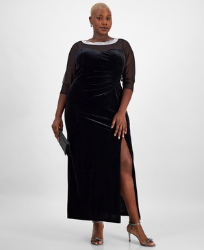 Plus Size Velvet Illusion-Yoke Gown 