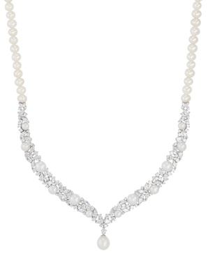 Cultured Freshwater Button & Potato Pearl (5-11mm) & Cubic Zirconia Fancy Collar Necklace in Sterling Silver, 16" + 2" extender