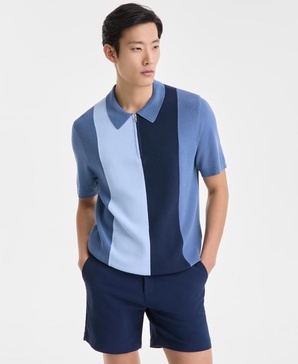 Men's Short Sleeve Quarter-Zip Colorblocked Textured Polo Sweater, Exclusively at Macy's
