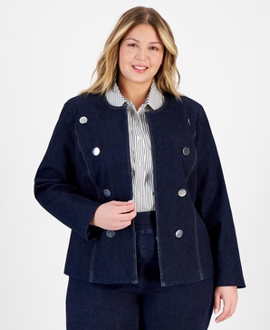 Plus Size Open-Front Collarless Denim Jacket