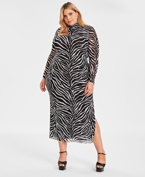 Trendy Plus Size Zebra-Print Mock-Neck Mesh Dress, Created for Macy's 