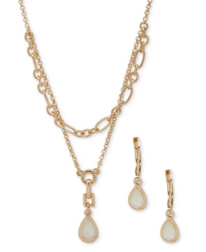 Gold-Tone Mother-of-Pearl Tear-Shape Layered Pendant Necklace & Drop Earrings Set