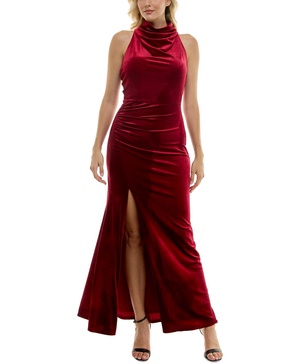 Women's Velvet Halter Cowlneck Twist-Back Gown