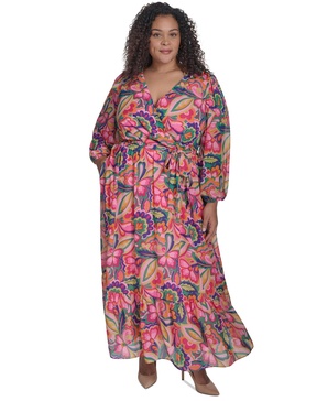 Plus Size Printed Tie-Waist Blouson-Sleeve Maxi Dress