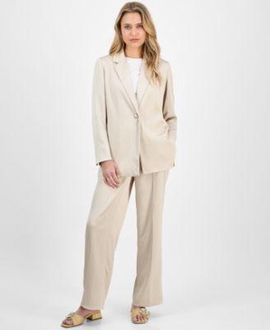 Women's Crinkled Satin Notched Collar One-Button Jacket & Wide-Leg Pants