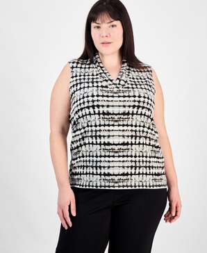 Plus Size Printed Triple-Pleat V-Neck Top