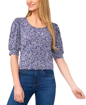 Women's Floral Shirred Scoop-Neck 3/4-Sleeve  Knit Top