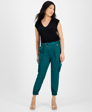 Women's High-Rise Belted Satin Cargo Pants, Regular & Petite, Created for Macy's 