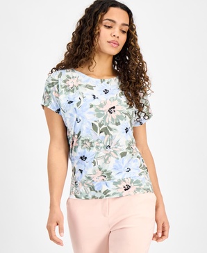 Petite Short-Sleeve Scoop-Neck Floral Top