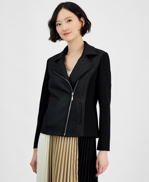 Petite Asymmetric-Zip Mixed-Media Moto Jacket