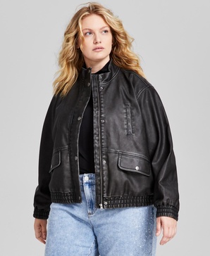 Trendy Plus Size Faux-Leather Bomber Jacket, Created for Macy's