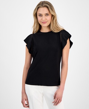 Women's Pleated Flutter-Sleeve Top