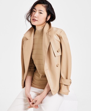 Women's Faux-Leather Belted Short Trench Jacket