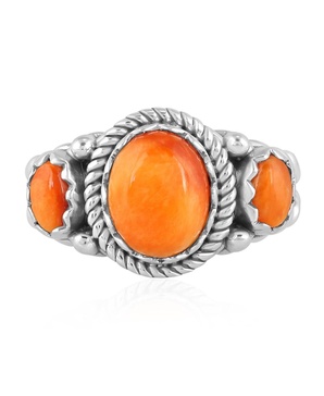 Sterling Silver Orange Spiny Oyster 3-Stone Ring, Size 5