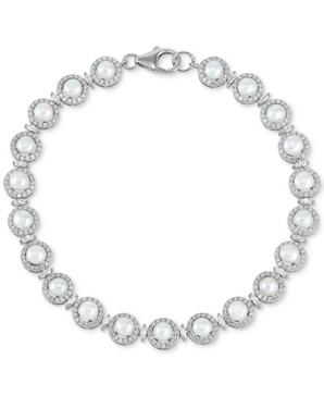 Cultured Freshwater Button Pearl (4 - 4-1/2mm) & Cubic Zirconia Link Bracelet in Sterling Silver