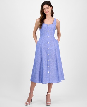 Women's Linen Sleeveless Button-Front A-Line Dress
