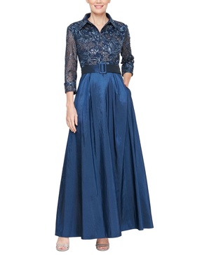Petite Embroidered Belted A-Line Shirtdress Gown