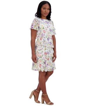 Petite Chiffon Flutter-Sleeve Floral-Print Dress
