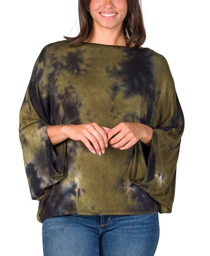 Women's Green Tie Dye Batwing Sleeve Relaxed Fit Top