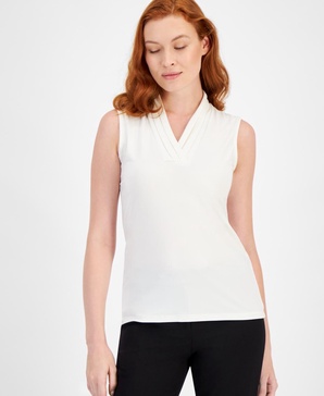 Women's Pleated-Neck Printed Sleeveless Top