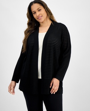 Plus Size Shadow-Striped Open-Front Cardigan