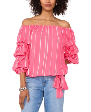 Women's Striped Off The Shoulder Bubble Sleeve Tie Front Blouse