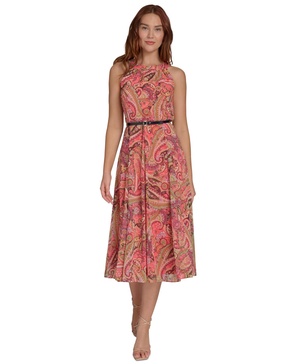 Petite Paisley-Print Belted Midi Dress