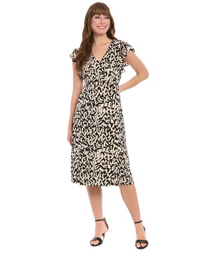 Petite Printed Flutter-Sleeve Fit & Flare Dress