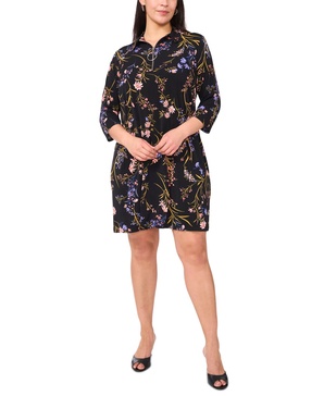 Plus Size Printed Collared 3/4-Sleeve Shift Dress