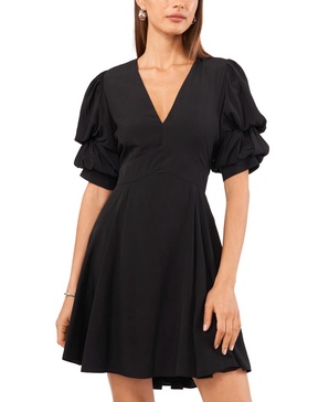 Women's V-Neck Tiered Bubble Puff Sleeve Mini Dress