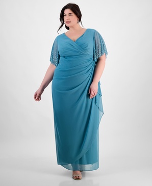Plus Size Embellished-Sleeve Draped Chiffon Gown