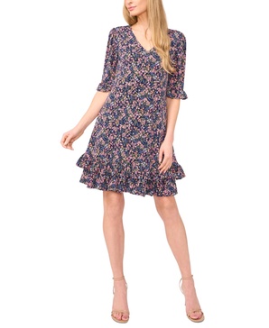 Women's V-Neck Ruffled Ditsy-Print Shift Dress